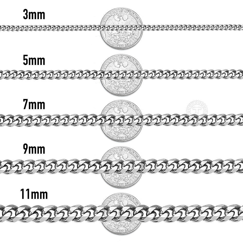 16-36" Stainless Steel Silver Chain Cuban Curb Womens Mens Necklace 3/5/7/9/11mm