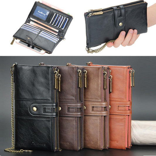 Mens RFID Wallet with Anti-Theft Chain Large Capacity Double Zipper Phone Purse