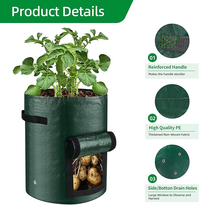 Garden Potato Grow Bags 10 Gallon Planting Bags Potato Planters with Flap and Handles Aeration Fabric Pots Heavy Duty 3 Pack