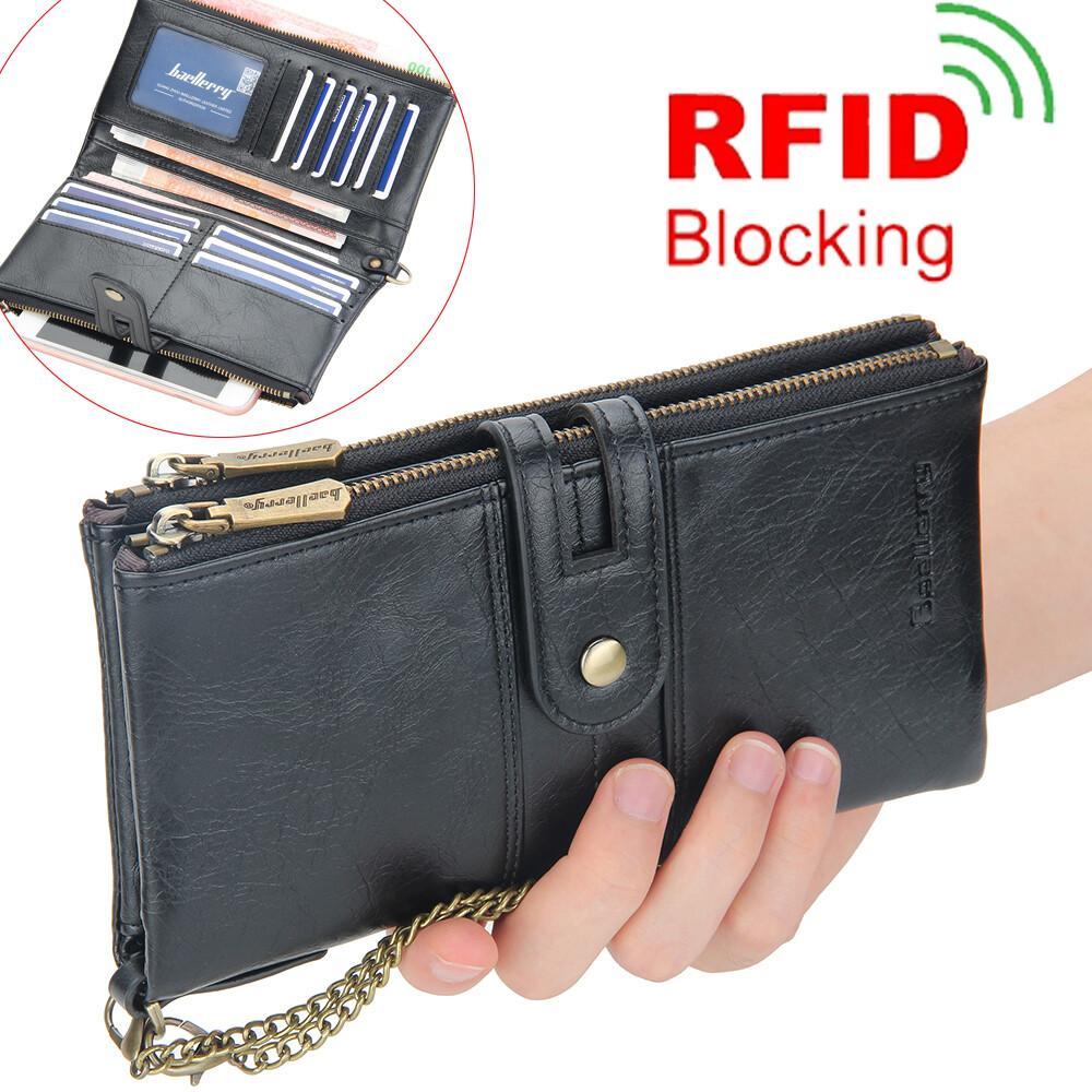Mens RFID Wallet with Anti-Theft Chain Large Capacity Double Zipper Phone Purse
