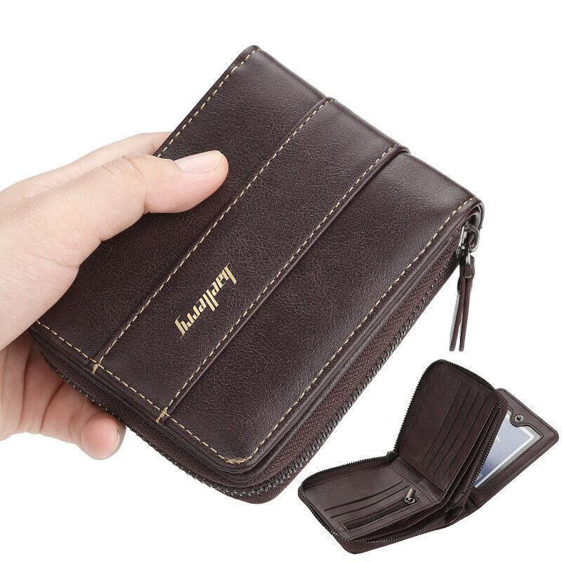 Zipper Wallet for Men Leather Zip Around Purse Bifold ID Window with Coin Pocket