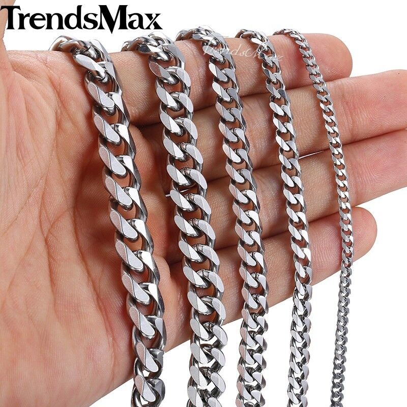 16-36" Stainless Steel Silver Chain Cuban Curb Womens Mens Necklace 3/5/7/9/11mm