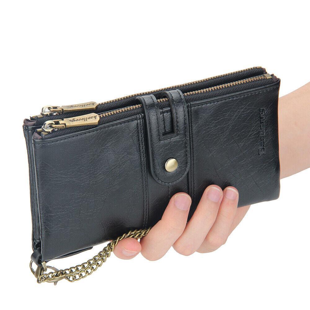 Mens RFID Wallet with Anti-Theft Chain Large Capacity Double Zipper Phone Purse