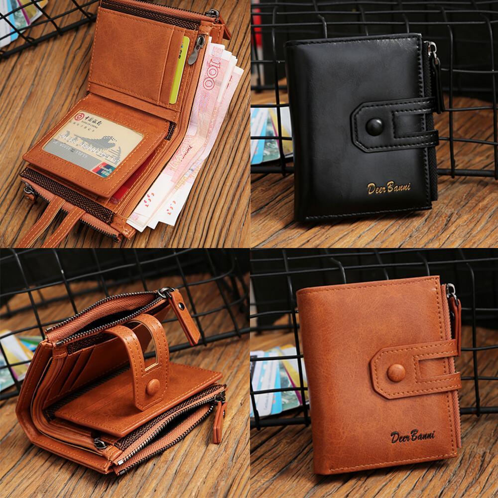 Genuine Leather Zipper Wallet Short RFID Blocking Bifold Big Capacity Coin Purse
