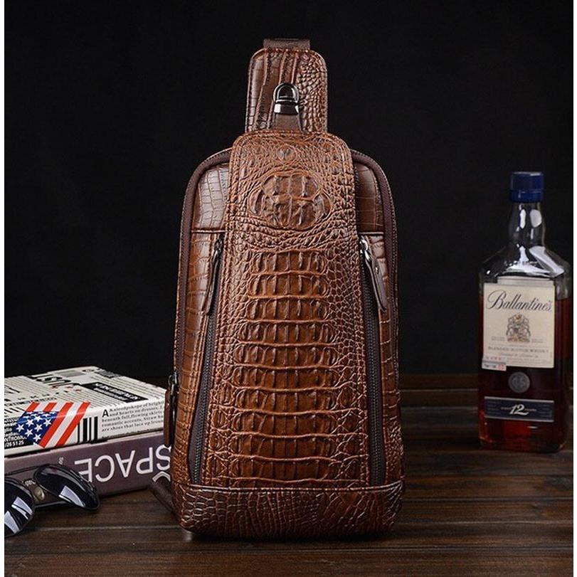 Mens Sling Bag Crocodile PU Shoulder Crossbody Chest Bag Satchels Hiking Daypack