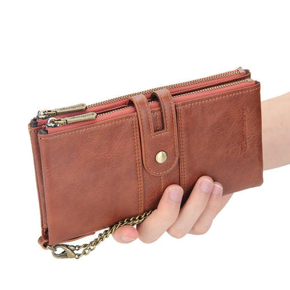 Mens RFID Wallet with Anti-Theft Chain Large Capacity Double Zipper Phone Purse
