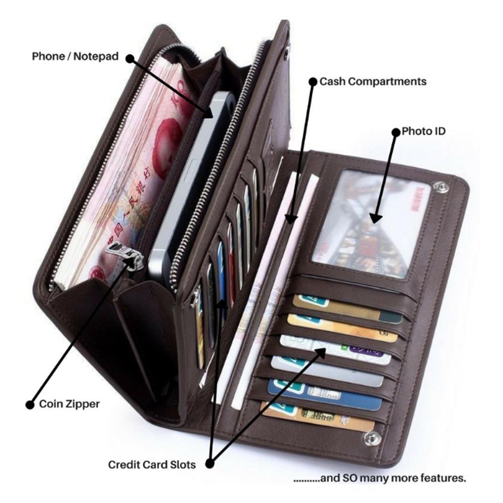 Men Business Bifold Leather Wallet ID Card Holder Zip Purse Long Clutch Billfold